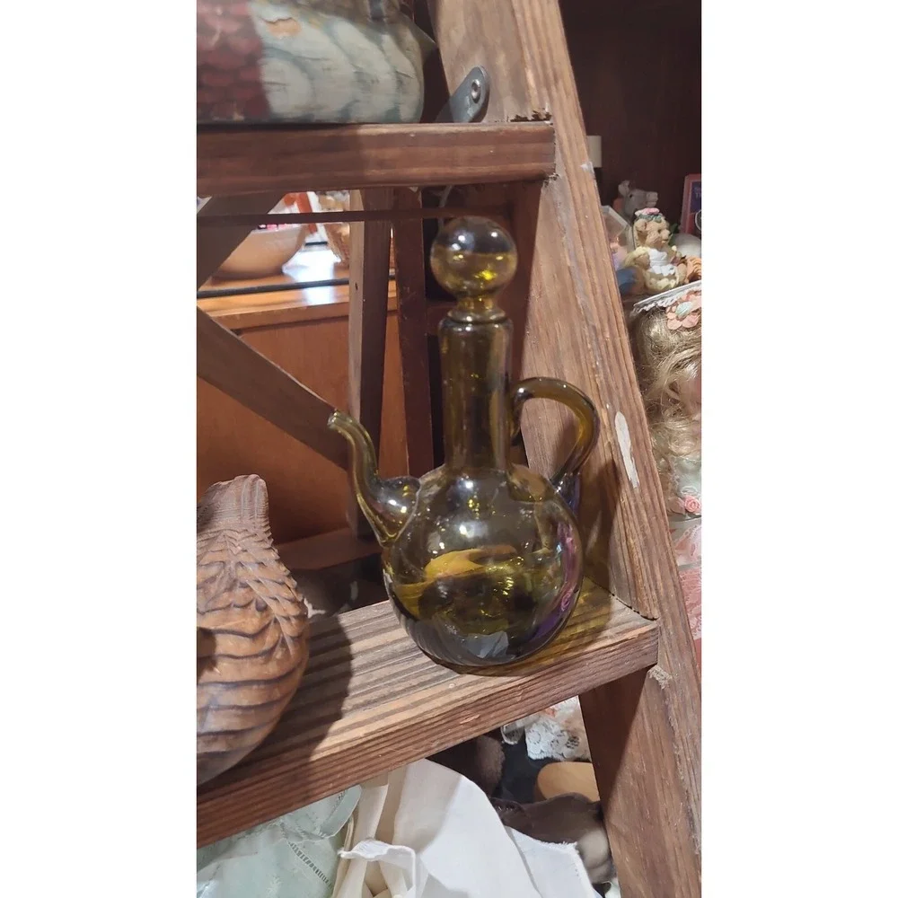 Vintage Cruet Side Spout Brown/Amber  Mini Pitcher With Stopped Glass Handblown